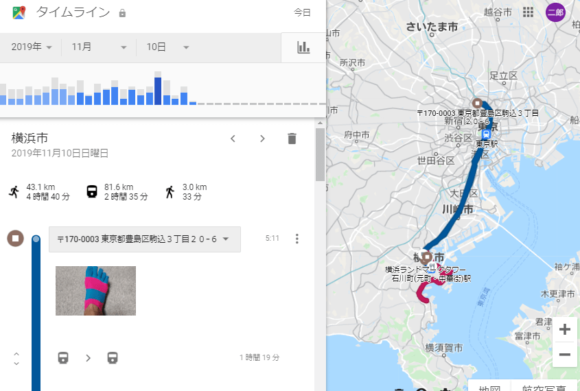 横浜マラソン当日のGoogleタイムライン